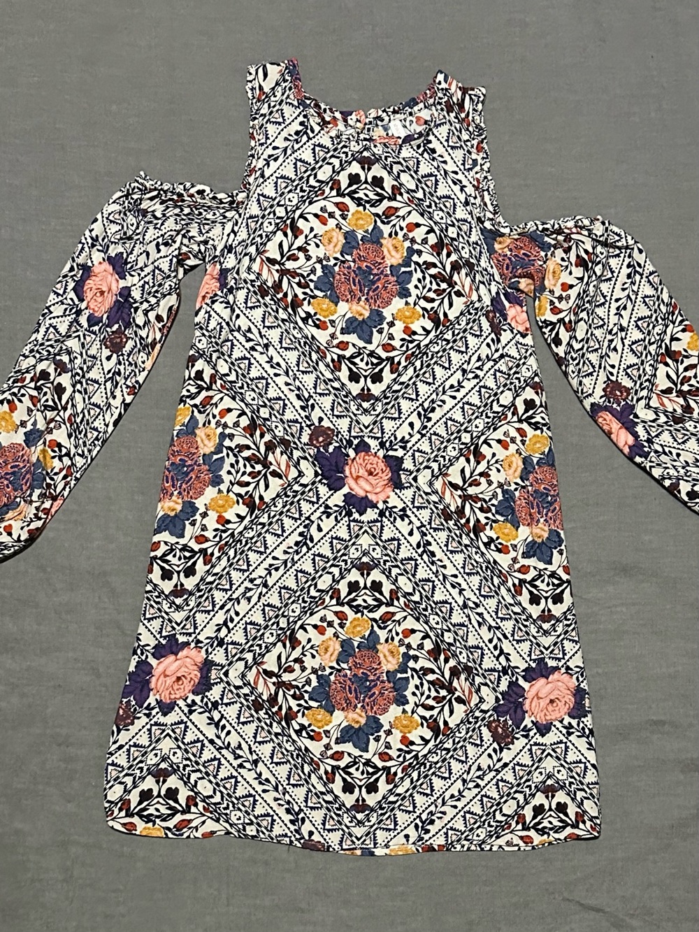 Xhilaration Floral Cold-Shoulder Dress - Navy, White, Pink & Mustard